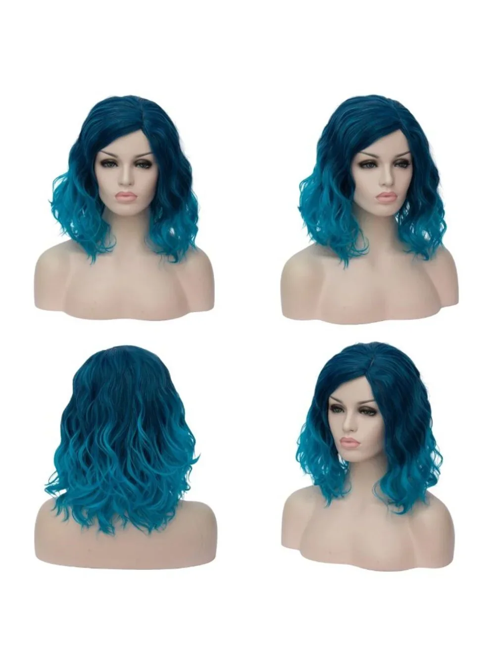 Women's Ombre Blue Wavy Curly Bob Heat Resistant Cosplay Halloween Party Wig